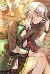  absurdres bass_guitar bracelet grey_hair highres hinomori_shiho hugging_object instrument jewelry necktie on_floor photo_(object) project_sekai school_uniform short_hair skirt smile star_(symbol) star_print striped_necktie user_tynn4424 wooden_floor 