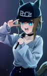  1girl absurdres animal_ears baseball_cap black_headwear blue_eyes boc&#039;z_(umamusume) breasts brown_hair cheval_grand_(boc&#039;z)_(umamusume) cheval_grand_(umamusume) choker chokin_tsucho closed_mouth commentary_request hair_between_eyes hat highres horse_ears horse_girl horse_tail long_hair long_sleeves looking_at_viewer multicolored_hair open_mouth shirt small_breasts solo streaked_hair tail teeth umamusume upper_body upper_teeth_only v white_shirt 