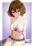  1girl bikini breasts brown_eyes brown_hair cleavage cowboy_shot criss-cross_halter frilled_bikini frills front-tie_bikini_top front-tie_top gradient_background grey_background grin halterneck highres kogarashi_tobi large_breasts looking_at_viewer navel original short_hair sitting smile solo swimsuit white_bikini 