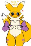 anthro areola bandai_namco biped blush bodily_fluids breasts countershade_torso countershading digimon digimon_(species) dipstick_ears dipstick_tail english_text eyebrows female fingers hi_res lfer looking_at_viewer markings multicolored_ears navel nipples renamon small_breasts solo sweat tail tail_markings talking_to_viewer text