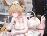  1boy 1girl animal_ears arknights ass ass_grab bare_shoulders bent_over blonde_hair blush book breasts cleavage coffee cup doctor_(arknights) dorothy_(arknights) dry_humping gloves hair_between_eyes hat highres holding holding_cup hourglass humping indoors large_breasts long_hair mildt mouse_ears mouse_girl panties paper pencil strap_slip sweat table tail tank_top test_tube underwear white_headwear yellow_eyes yellow_gloves 