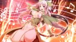  1girl atelier-moo braid breasts cleavage curtained_hair dancing dress full_body hair_ribbon highres large_breasts long_hair musical_note navel nina_lazydaisy open_mouth pink_eyes pink_hair ribbon smile solo standing twin_braids wizards_symphony 
