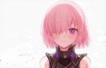  1girl armor bare_shoulders black_armor blush commentary_request fate/grand_order fate_(series) grin hair_over_one_eye harukappa highres lips looking_at_viewer mash_kyrielight one_eye_covered pink_hair pink_lips purple_eyes short_hair simple_background smile solo teeth upper_body white_background 