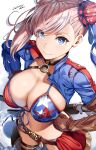  1girl american_flag_bikini artist_name bangs banned_artist belko belt bikini blue_eyes breasts brown_belt brown_gloves bun_cover choker cleavage clenched_hands closed_mouth commentary cropped_jacket dated fate/grand_order fate_(series) flag_print from_above front-tie_bikini front-tie_top gloves gunblade hair_bun hair_ribbon hands_on_hips highres large_breasts miyamoto_musashi_(fate) miyamoto_musashi_(swimsuit_berserker)_(fate) navel pink_hair ribbon scabbard sheath sheathed shrug_(clothing) side_ponytail silver_hair single_thighhigh skindentation smile solo swept_bangs swimsuit thigh_strap thighhighs weapon 