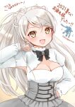  1girl armpit_cutout artist_name blush breasts brown_eyes cleavage cleavage_cutout clothing_cutout cocoperino conte_di_cavour_(kancolle) corset dress eyebrows_visible_through_hair frilled_dress frills gundam kantai_collection kapool long_hair long_sleeves mecha medium_breasts open_mouth silver_hair simple_background smile solo turn_a_gundam two_side_up upper_body white_background white_dress 