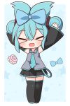  &gt;_&lt; 1girl :d absurdres arms_up black_footwear black_skirt black_sleeves blue_bow blue_hair blue_necktie blush boots bow chibi cinnamiku closed_eyes collared_shirt detached_sleeves facing_viewer full_body grey_shirt hair_between_eyes hair_bow hana_kazari hatsune_miku headset highres long_sleeves necktie pleated_skirt shirt skirt sleeveless sleeveless_shirt sleeves_past_wrists smile solo thigh_boots tie_clip vocaloid wide_sleeves xd 