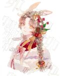  1girl animal_ears blush braid brown_hair chinese_zodiac closed_mouth cropped_torso flower fur_trim hair_flower hair_ornament heterochromia highres japanese_clothes kimono long_hair looking_at_viewer mistletoe new_year orange_eyes original painting_(medium) parted_bangs pinecone rabbit_ears red_flower red_kimono ribbon solo srnmomo tassel traditional_media twin_braids upper_body watercolor_(medium) white_background year_of_the_rabbit yellow_eyes 