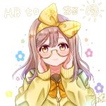  1girl absurdres adjusting_eyewear bespectacled blush brown_eyes brown_hair closed_mouth collarbone glasses highres kunikida_hanamaru kuntze long_hair looking_at_viewer love_live! love_live!_sunshine!! round_eyewear school_uniform semi-rimless_eyewear smile solo under-rim_eyewear yellow-framed_eyewear 