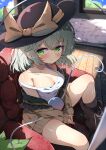  1girl absurdres bare_shoulders between_legs black_headwear black_socks blurry blurry_background blush bow breasts brown_footwear cleavage commentary_request dfra eyeball green_eyes green_hair hand_between_legs hat hat_bow heart heart-shaped_pupils highres indoors knee_up komeiji_koishi long_sleeves looking_at_viewer medium_breasts medium_hair no_pants off_shoulder own_hands_together parted_lips red_nails shirt sitting sleeveless sleeveless_shirt socks solo symbol-shaped_pupils third_eye touhou white_shirt wooden_floor yellow_bow yellow_shirt 