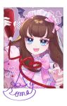  1girl :d arm_up blue_eyes border bottle bow brown_hair character_signature demon_wings fang hand_up holding holding_bottle jjuu0105 ketchup ketchup_bottle kurosu_aroma long_hair looking_at_viewer maid maid_headdress open_mouth pink_bow pink_ribbon polaroid pouring pretty_series pripara puffy_short_sleeves puffy_sleeves ribbon short_sleeves smile solo upper_body white_border wing_hair_ornament wings 