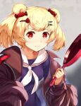  1girl animal_ears arknights bangs bear_ears bear_girl blonde_hair breasts brown_jacket candy_hair_ornament commentary_request food-themed_hair_ornament frying_pan grey_background gummy_(arknights) hair_ornament holding holding_frying_pan jacket junshi_(junbox) long_sleeves looking_at_viewer medium_breasts off_shoulder open_clothes open_jacket purple_shirt red_eyes sailor_collar sailor_shirt shirt short_hair solo twintails upper_body white_sailor_collar 