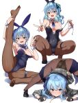  1girl alternate_costume animal_ears black_gloves black_leotard blue_eyes blue_hair blue_leotard blush closed_mouth commentary_request covered_navel eru_(l_illust45) fake_animal_ears fishnet_pantyhose fishnets gloves highres holding_strap hololive hoshimachi_suisei hoshimachi_suisei_(1st_costume) jack-o&#039;_challenge leg_up leotard looking_at_viewer multiple_views one_side_up open_mouth pantyhose partially_fingerless_gloves plaid plaid_headwear plaid_shirt playboy_bunny rabbit_ears shirt side_ponytail squatting strapless strapless_leotard v virtual_youtuber white_wrist_cuffs wrist_cuffs 