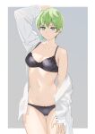  1girl absurdres black_bra black_panties blue_hair bra bra_strap breasts cleavage closed_mouth collarbone copper earrings eyebrows_visible_through_hair feet_out_of_frame green_hair hand_on_leg hand_on_own_head highres izumo_tenka jewelry looking_at_viewer mato_seihei_no_slave medium_breasts multicolored_eyes navel open_clothes open_shirt panties shirt short_hair simple_background smile solo standing stomach underwear white_shirt 