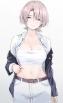  1girl absurdres belt_buckle black_jacket breasts buckle character_request chest_sarashi cleavage collarbone cowboy_shot gakuen_idolmaster grey_hair highres jacket large_breasts open_clothes open_jacket open_shirt pants sarashi shirt short_hair simple_background solo sweatdrop unu_(unucence) white_background white_pants white_shirt 