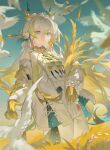 1girl absurdres aqua_eyes aqua_hair aqua_horns arknights bare_shoulders beads belt bird blonde_hair blurry chinese_commentary colored_skin commentary_request dove dragon_girl dragon_horns earrings feet_out_of_frame fingernails hair_between_eyes highres holding holding_plant horns jacket jewelry limao_jun long_hair long_sleeves looking_at_viewer multicolored_hair necklace off_shoulder open_clothes open_jacket outdoors pants parted_lips plant pointy_ears sheaf shu_(arknights) solo standing strapless sunlight tube_top wheat white_belt white_bird white_hair white_horns white_jacket white_pants white_tube_top wind yellow_horns zipper 