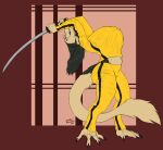 anthro belly bending big_breasts big_butt bottomwear breasts butt claws clothed clothing digital_media_(artwork) female fur hair hi_res huge_breasts katana mammal mature_female melee_weapon navel pants sergal shirt simple_background smile solo sword tail teeth the_bride toe_claws topwear weapon wide_hips winteranswer yellow_bottomwear yellow_clothing yellow_pants yellow_shirt yellow_topwear