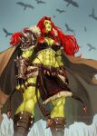  1girl abs armor blood blood_on_hands bracer breasts cape cleavage colored_skin fangs female_orc fur_trim green_eyes green_skin highres loincloth long_hair looking_up muscular muscular_female orc original pauldrons red_hair robusta_mania shoulder_armor signature skull sky solo teeth thong veins veiny_arms 