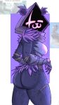 absurd_res anthro bear big_breasts big_butt breasts butt cat_smile epic_games eye_scar facial_scar female fortnite hi_res hood looking_at_viewer looking_back looking_back_at_viewer mammal obscured_face purple_background raven_team_leader rear_view sayuraa scar simple_background solo thick_thighs white_background wide_hips