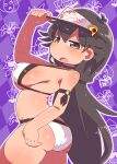  1girl argyle_background arm_up ass black_choker black_eyes black_hair breasts choker commentary_request covered_nipples hair_between_eyes highres katamari_dragon large_breasts long_hair looking_at_viewer looking_to_the_side mixed-language_commentary open_mouth peppina_ramen pizza_hair_ornament pizza_tower plump purple_background solo standing sweat swimsuit very_long_hair visor_cap white_background white_headwear 