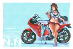  1girl bikini black_bikini blue_background breasts cleavage collared_shirt dress_shirt drink drinking_straw full_body highres kantai_collection large_breasts looking_to_the_side motor_vehicle motorcycle noshiro_(kancolle) official_alternate_costume red_footwear red_scrunchie scrunchie shirt solo swimsuit thrux tied_shirt toeless_footwear vehicle_request white_shirt wrist_scrunchie 
