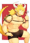  1boy abs absurdres armlet bara black_collar black_male_underwear black_tank_top blonde_hair border bowsette boxers bracelet bulge chest_harness collar commentary earrings english_commentary feet_out_of_frame fingernails forked_eyebrows fujimachine_(clayten) genderswap genderswap_(ftm) grin harness highres horns jewelry long_hair male_focus male_underwear mario_(series) middle_finger muscular muscular_male navel new_super_mario_bros._u_deluxe nipples no_shirt outside_border pectorals personification pointy_ears red_background sharp_fingernails sidepec smile solo spiked_armlet spiked_bracelet spiked_collar spiked_shell spiked_tail spikes stomach super_crown tail tank_top thick_eyebrows thick_thighs thighs topless_male turtle_shell underwear underwear_only white_border 