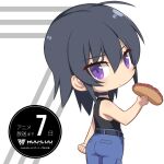  1girl ass ayamine_kei bangs belt black_belt black_choker blue_pants chibi choker clenched_hand copyright_name eyebrows_visible_through_hair food hair_behind_ear hair_between_eyes holding holding_food logo makishima_azusa medium_hair muvluv muvluv_alternative muvluv_alternative_(anime) pants purple_eyes solo yakisobapan 