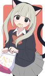  1girl :3 absurdres animal_ear_hairband animal_ears bag black_eyes black_sweater blush blush_stickers border bow bowtie cat_ear_hairband cat_ears cat_tail closed_mouth collared_shirt commentary dancing dress_shirt fake_animal_ears flat_color food food_in_mouth french_fries grey_hair grey_skirt hairband harr_illust head_tilt highres holding holding_bag long_hair looking_at_viewer mcdonald&#039;s original outside_border paper_bag pleated_skirt red_background red_bow red_bowtie school_uniform shakacat shaking shirt skirt solo sweater tail twintails v-shaped_eyebrows white_border white_shirt 