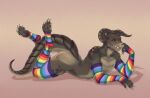 anthro arm_warmers armwear ashe_colter bethesda_softworks brown_body brown_scales claws clothing deathclaw fallout finger_claws girly gradient_background hi_res horn legwear looking_at_viewer lying male mr_jager multicolored_clothing multicolored_legwear multicolored_stockings nude on_front rainbow_clothing rainbow_legwear rainbow_stockings red_eyes reptile scales scalie simple_background solo stockings tail thick_tail thick_thighs thigh_highs toe_claws