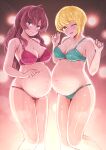  2girls ;d absurdres ahoge aqua_bra aqua_panties big_belly blonde_hair blush bra breasts brown_hair cleavage collarbone feet_out_of_frame highres ichinose_shiki idolmaster idolmaster_cinderella_girls large_breasts miyamoto_frederica multiple_girls navel one_eye_closed panties pregnant red_bra red_panties smile stomach tomawarinosuizou underwear underwear_only wet wet_hair 