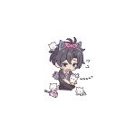  1boy animal_ear_hairband animal_ears black_cat black_eyes black_hair black_pants black_shirt cat cat_ear_hairband cat_ears chibi collared_shirt commentary english_commentary fake_animal_ears flying_sweatdrops hairband highres kneeling maimaimaigoen male_focus no_nose okada_yuu open_mouth pants pastea shirt short_hair short_sleeves simple_background solo sweat white_background white_cat 