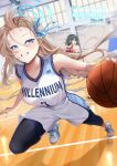  2girls asuna_(blue_archive) ball basketball basketball_(object) basketball_court basketball_hoop basketball_jersey basketball_uniform black_hair blue_archive blue_eyes blue_halo blue_ribbon blurry blurry_background blush breasts brown_hair character_name commentary_request cross-laced_footwear eye_trail floating_hair foreshortening grin hair_ribbon halo height highres holding holding_ball indoors large_breasts leggings_under_shorts light_trail long_hair multiple_girls number_print playing_sports ribbon running shadow shirt shoes shorts smile sneakers solo_focus sportswear sweat trinity_student_(blue_archive) very_long_hair white_footwear white_shirt white_shorts yoru0409 