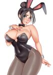  1girl absurdres animal_ears apex_legends artist_name black_bow black_hair black_leotard black_pantyhose blush bow breasts covered_navel detached_collar fake_animal_ears hair_behind_ear hair_bun head_tilt highres large_breasts leotard looking_at_viewer ms_melodine pantyhose pink_lips rabbit_ears single_hair_bun slo smile white_background wraith_(apex_legends) wrist_cuffs 