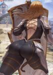  1girl armor ass ass_focus back back_cutout black_bodysuit blonde_hair blue_sky blurry blurry_background bodysuit clothing_cutout cloud commentary criss-cross_back-straps day facing_away from_behind highres kisara_(tales) leg_armor long_hair outdoors patreon_username pauldrons see-through shexyo shield shoulder_armor sky solo tales_of_(series) tales_of_arise thighs 