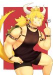  1boy absurdres armlet bara black_collar black_male_underwear black_tank_top blonde_hair border bowsette boxers bracelet bulge chest_harness collar commentary dress earrings english_commentary feet_out_of_frame fingernails forked_eyebrows fujimachine_(clayten) genderswap genderswap_(ftm) grin harness highres horns jewelry long_hair male_focus male_underwear mario_(series) middle_finger muscular muscular_male new_super_mario_bros._u_deluxe nipple_slip nipples no_pants outside_border pectorals personification pointy_ears red_background sharp_fingernails sidepec smile solo spiked_armlet spiked_bracelet spiked_collar spiked_shell spiked_tail spikes strapless strapless_dress super_crown tail tank_top thick_eyebrows thick_thighs thighs turtle_shell underwear white_border 