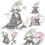  1boy 1girl ? agent_3_(splatoon) agent_8_(splatoon) arrow_(symbol) black_cape black_eyes black_skirt bright_pupils cape chinese_text finger_to_mouth grey_eyes headgear high-visibility_vest highres index_finger_raised indian_style inkling inkling_boy inkling_player_character medium_hair miniskirt octoling octoling_girl octoling_player_character octopus pink_hair ponytail short_hair shushing simple_background single_bare_shoulder single_sleeve sitting skirt sleeping smile speech_bubble splatoon_(series) splatoon_2 splatoon_2:_octo_expansion tentacle_hair thenintlichen96 thigh_strap thought_bubble translation_request white_background white_pupils zzz 