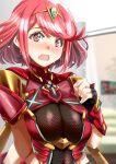  1girl ayamo_kaoru bangs black_gloves breasts chest_jewel earrings fingerless_gloves gloves highres jewelry large_breasts pyra_(xenoblade) red_eyes red_hair short_hair solo swept_bangs tiara xenoblade_chronicles_(series) xenoblade_chronicles_2 