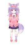  1girl absurdres animal_ear_fluff animal_ears asymmetrical_legwear backpack bag bandaid bandaid_on_knee bandaid_on_leg bangs blunt_bangs bow cardigan closed_mouth collared_shirt commentary eyebrows_visible_through_hair fox_ears fox_girl fox_tail full_body hair_bow heterochromia highres indie_virtual_youtuber long_hair long_sleeves looking_at_viewer mismatched_legwear neck_ribbon off_shoulder pigeon-toed pink_cardigan pink_eyes pink_legwear plaid plaid_skirt pleated_skirt purple_eyes purple_hair purple_legwear randoseru red_ribbon ribbon shirt skirt sleepy_sakura sleeves_past_wrists smile solo standing straight-on tachi-e tail toufu_mentaru_zabuton two_side_up uneven_legwear unmoving_pattern white_background white_shirt wing_collar 