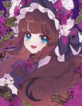  1girl :d black_headwear blue_eyes blush bonnet braid brown_hair commentary fang flower jjuu0105 kurosu_aroma lolita_fashion long_hair looking_at_viewer multicolored_hair open_mouth pretty_series pripara purple_flower purple_hair purple_ribbon purple_rose ribbon rose smile solo streaked_hair symbol-only_commentary twin_braids upper_body 