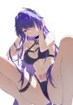  1girl absurdres acheron_(honkai:_star_rail) bare_arms bare_shoulders bikini black_bikini blhazx breasts cleavage commentary_request hair_ornament hair_over_one_eye highres honkai:_star_rail honkai_(series) long_hair looking_at_viewer medium_breasts navel pubic_tattoo purple_eyes purple_hair simple_background solo squatting stomach swimsuit tattoo thigh_strap thighs very_long_hair white_background 