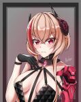  1girl airbo artist_name black_dress black_gloves blonde_hair blush breasts closed_mouth collarbone commentary dress eyebrows_visible_through_hair flower girls&#039;_frontline gloves hair_flower hair_ornament hand_up highres long_hair looking_at_viewer m4_sopmod_ii_(girls&#039;_frontline) mechanical_arms medium_breasts multicolored_hair red_eyes simple_background single_mechanical_arm solo upper_body 