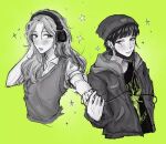  2girls band_shirt beanie blush collared_shirt commentary ear_piercing earphones earrings english_commentary eye_contact gravewilt green_background greyscale_with_colored_background hat headphones holding_hands hood hood_down jacket jewelry kininatteru_hito_ga_otoko_ja_nakatta koga_mitsuki long_hair looking_at_another medium_hair merchandise mole mole_under_eye multiple_girls nirvana_(band) oosawa_aya parted_lips piercing shirt short_sleeves sparkle spot_color star_(symbol) sweater_vest wavy_hair 