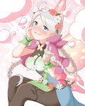  1girl absurdres ahoge blue_eyes braid breasts butterfly_wings capelet commission commissioner_upload dress fairy fairy_wings fingernails fire_emblem fire_emblem_fates fire_emblem_heroes flower flower_bracelet gradient_clothes green_bracelet grey_hair hair_flower hair_ornament hair_vines hairband highres ikonaska insect_wings leaf_bracelet long_fingernails long_hair low_twin_braids low_twintails medium_breasts nina_(fire_emblem) nina_(resplendent)_(fire_emblem) non-web_source official_alternate_costume open_mouth parted_bangs pink_capelet pink_flower short_dress skeb_commission solo twin_braids twintails vine_belt vine_bracelet vine_harness vine_print white_flower wings 