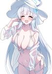  1girl absurdres bikini blue_archive blush breasts cleavage closed_eyes collarbone cowboy_shot facing_viewer grey_hair groin halo hat highres jacket large_breasts long_hair mechanical_halo nano_(blueoekaki) navel noa_(blue_archive) open_clothes open_jacket open_mouth simple_background smile solo swimsuit thigh_strap wet wet_clothes wet_jacket white_background white_bikini white_headwear white_jacket 