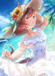  1girl animal_ears blush brown_hair collarbone day dress eyebrows_visible_through_hair flower hair_between_eyes hat hat_flower hibiscus horse_ears horse_girl horse_tail nice_nature_(umamusume) ocean open_mouth ouri_(aya_pine) palm_leaf palm_tree red_flower red_hair smile solo sun_hat sundress sunflower tail tree umamusume white_dress white_flower yellow_flower 