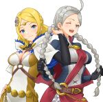  2girls absurdres ahoge belt black_gloves blonde_hair blue_eyes braid breast_strap breasts cape capelet circlet class_change cleavage coin coin_hair_ornament commission commissioner_upload corset fire_emblem fire_emblem_fates fire_emblem_heroes fire_emblem_warriors flower frilled_skirt frills gloves hair_flower hair_ornament hairpin headband highres hood igni_tion lianna_(fire_emblem) long_hair md5_mismatch multiple_girls nina_(fire_emblem) one_eye_closed princess resolution_mismatch sash short_hair silver_hair skirt source_smaller sunflower sunflower_hair_ornament thief tiara twin_braids twintails white_hair 