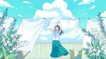  1girl arms_up basket black_hair blue_sky clothesline cloud cloudy_sky cumulonimbus_cloud day feet_out_of_frame fence flower green_skirt green_sky holding laundry laundry_basket lily_of_the_valley long_hair open_mouth original outdoors plant shirt short_sleeves skirt sky solo standing tamiura_0422 white_flower white_shirt 
