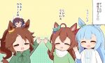  4girls :d \m/ ^_^ animal_ears blue_hair blue_shirt blush bow braid chibi closed_eyes collared_shirt crown_braid daitaku_helios_(umamusume) dress_shirt eighth_note gomashio_(goma_feet) gradient_background green_background green_bow green_shirt hair_between_eyes hair_ornament hairclip horse_ears horse_girl horse_tail jacket long_hair long_sleeves mejiro_ardan_(umamusume) mejiro_bright_(umamusume) mejiro_palmer_(umamusume) mini_person minigirl multicolored_hair multiple_girls musical_note on_head open_clothes open_jacket outline parted_bangs polka_dot polka_dot_background shirt side_ponytail smile star_(symbol) star_hair_ornament streaked_hair tail translation_request twin_braids umamusume upper_body very_long_hair white_hair white_jacket white_outline yellow_background 