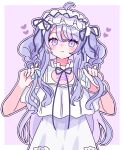  1girl absurdres amani_wako amiya_aranha blue_bow blush border bow braid clothing_cutout commission dress english_commentary frilled_dress frills hair_bow hair_ribbon hairband heart highres holding_own_hair indie_virtual_youtuber lolita_hairband long_hair outside_border pout purple_background purple_hair purple_ribbon ribbon second-party_source shoulder_cutout skeb_commission solo very_long_hair virtual_youtuber white_border white_dress 