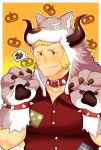  1boy animal_hands bara belt_collar blonde_hair blush character_request claw_pose collar copyright_request embarrassed fujimachine_(clayten) granblue_fantasy halloween halloween_costume highres horns large_pectorals long_sideburns male_focus muscular muscular_male partially_unbuttoned pectorals shirt short_hair sideburns solo spiked_collar spikes tight tight_shirt upper_body wolf_hood 