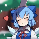  1girl 1other blue_bow blue_hair blurry blurry_background bow cirno closed_eyes closed_mouth commentary facing_viewer ferdy&#039;s_lab hair_bow ice ice_wings outdoors short_hair smile solo solo_focus touhou twitter_username upper_body wings 